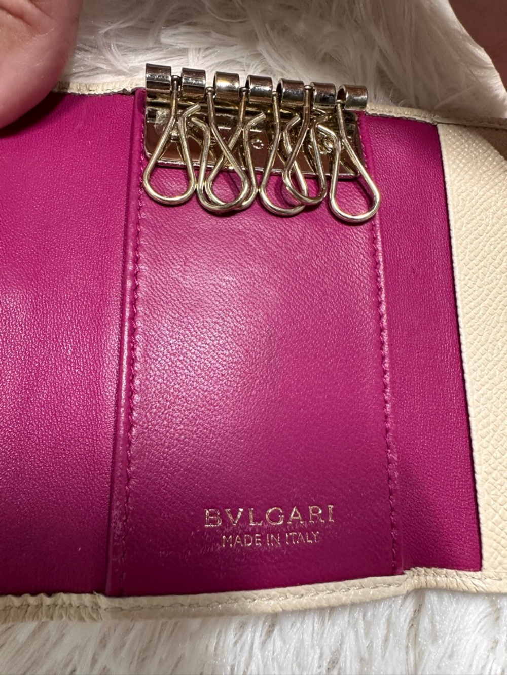 BVLGARI Cream Leather Key Pouch with Gold Ring Accent